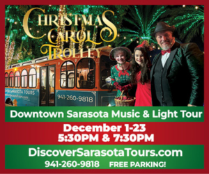 DST Christmas Trolley Top Banner Mobile Ad Discover Sarasota Tours Christmas Carol Trolley